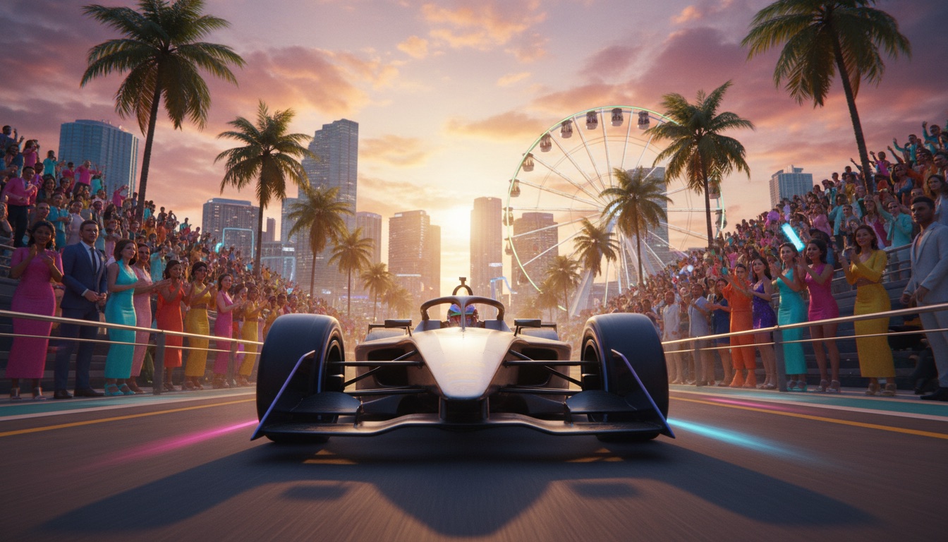 Open-wheel race car speeding along a palm-lined Miami circuit at golden hour