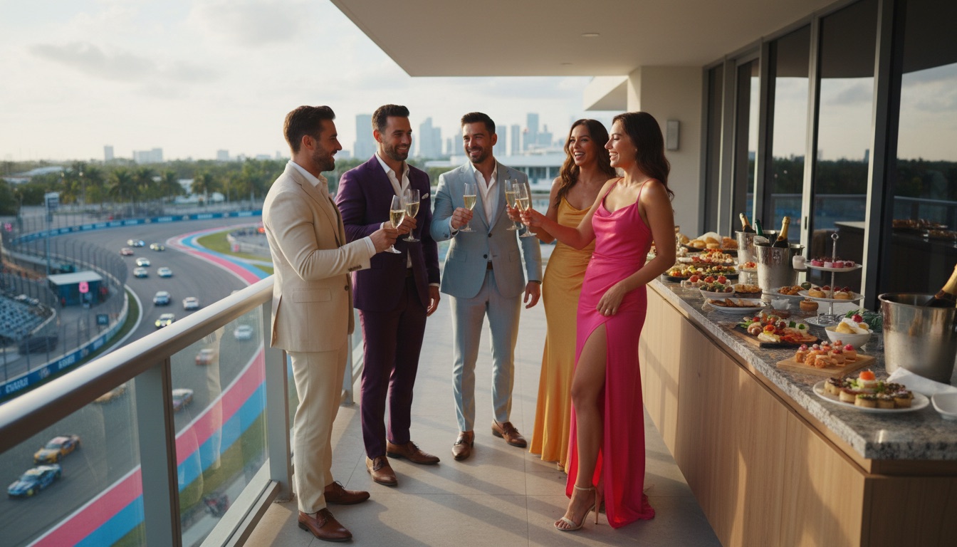 Group watching the race from a luxury suite balcony with champagne, track below