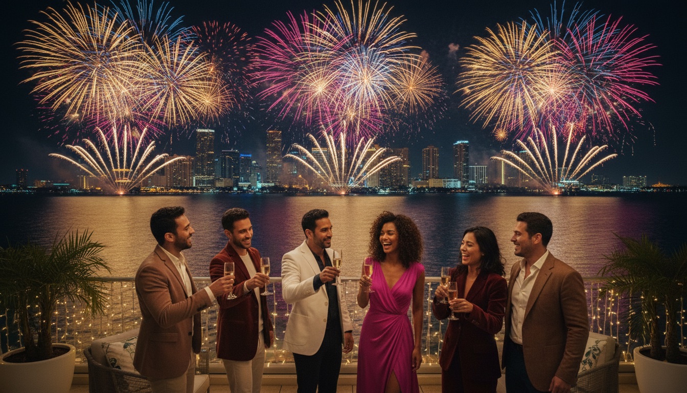 New Year’s Eve fireworks over Biscayne Bay and the Miami skyline