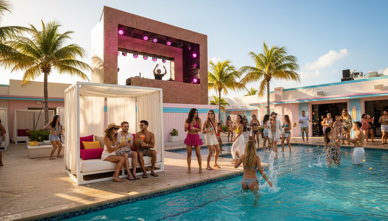 Group of friends at a Miami dayclub pool party during Miami Music Week