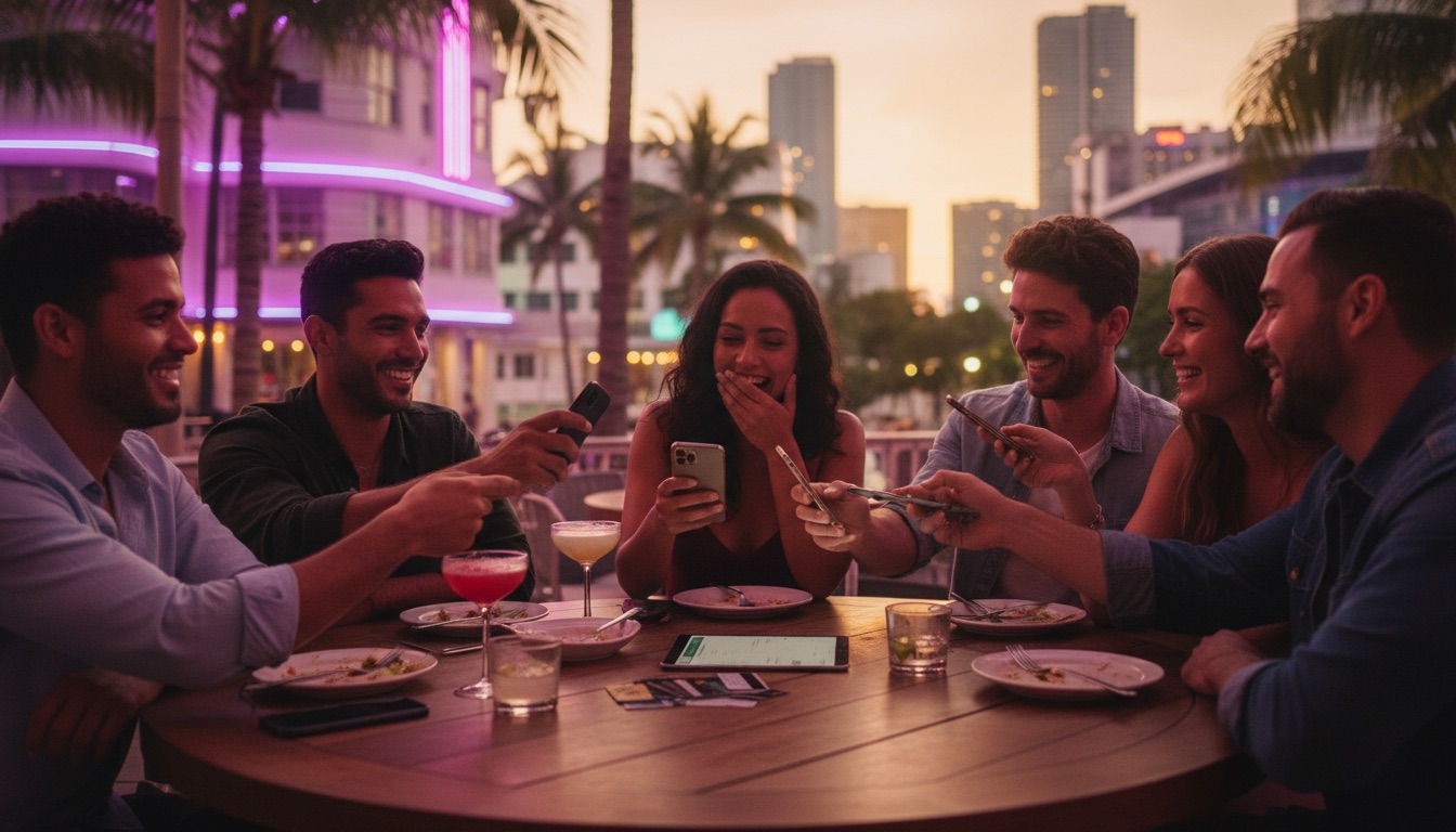 Friends around a Miami restaurant table splitting a payment on their phones
