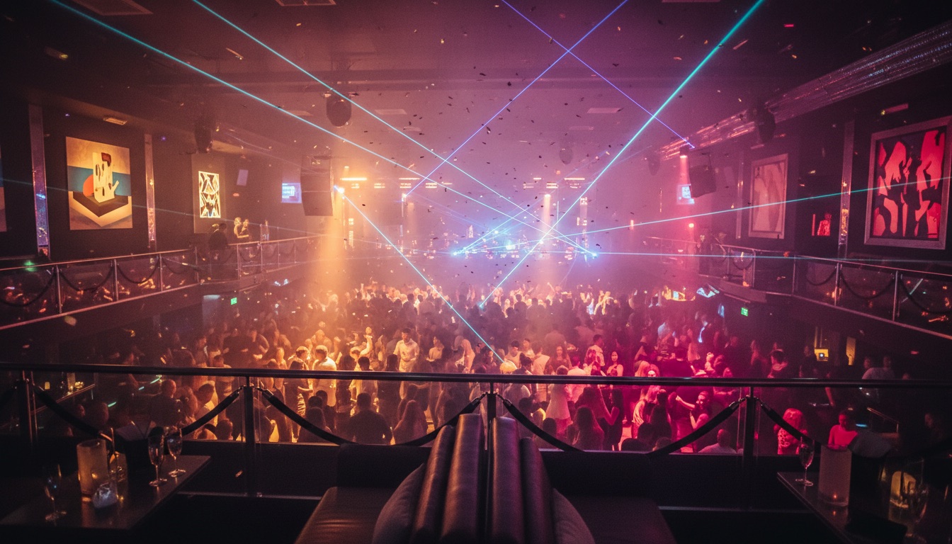 Elevated view over a packed Miami nightclub dance floor from the VIP section