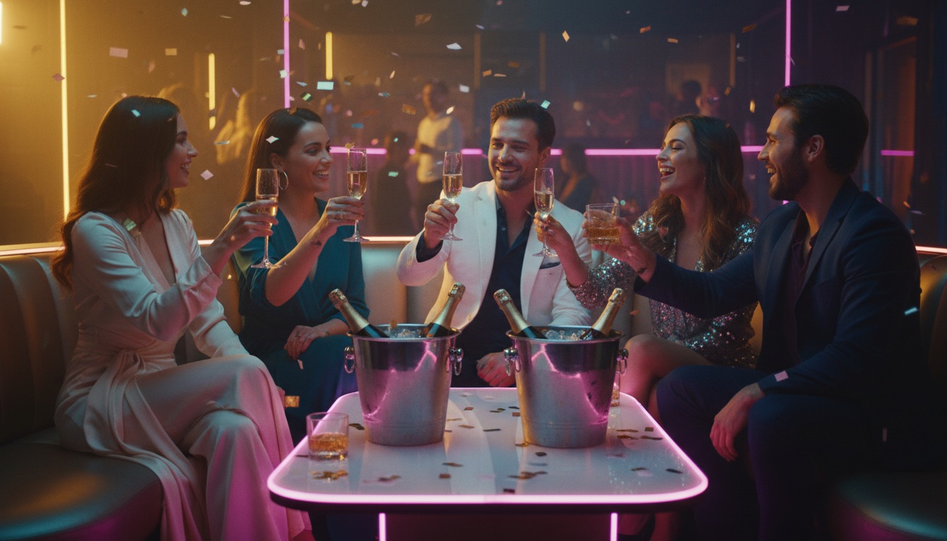Friends raising glasses around a private VIP table at a Miami nightclub