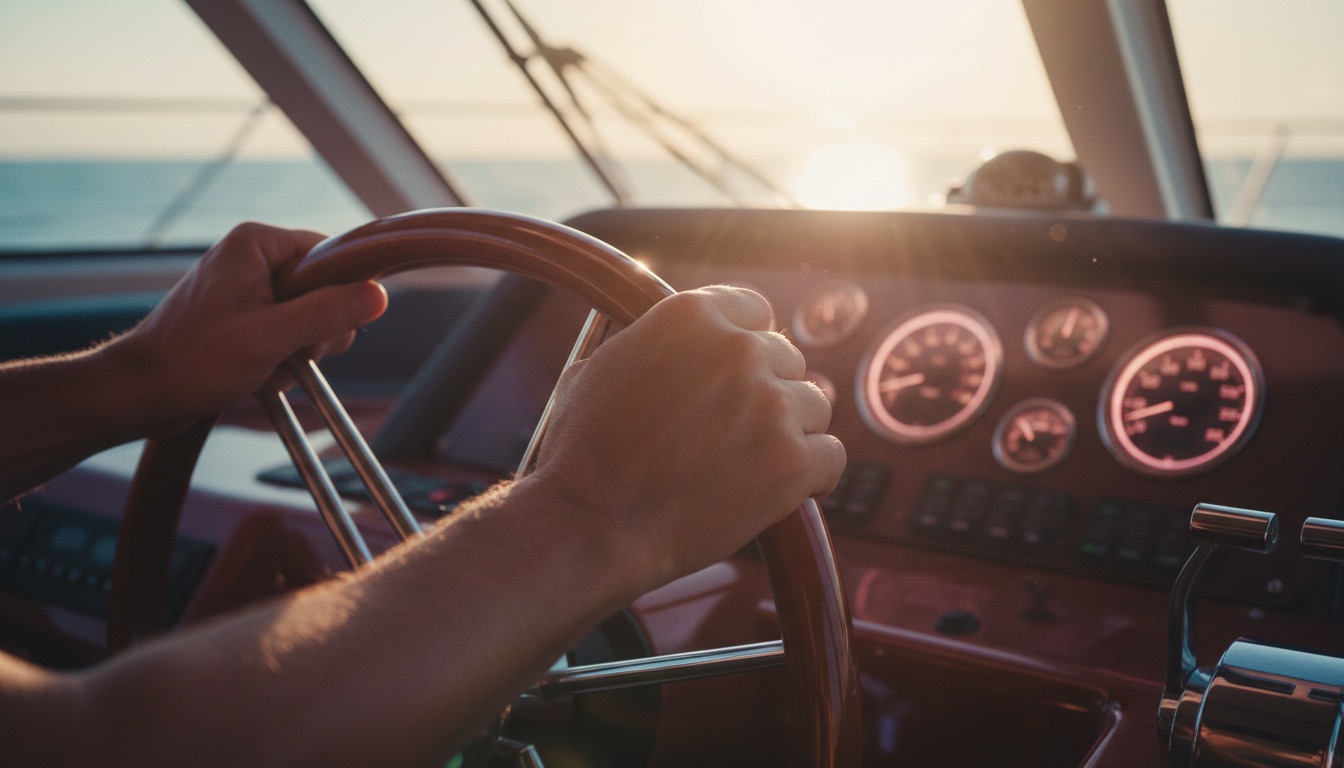 Captain’s hands on the wheel of a luxury Miami charter yacht