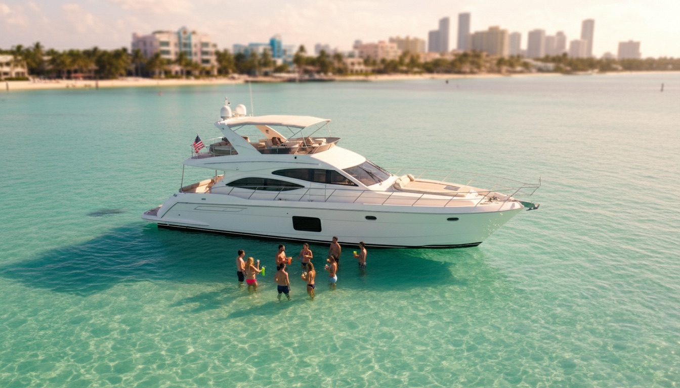 Aerial view of a charter boat anchored at a Miami sandbar